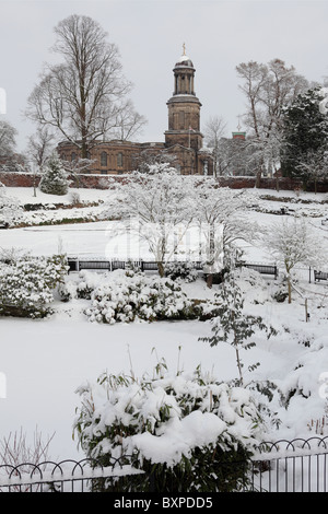 St Chad`s Church in Shrewsbury viewed from across The Dingle,a garden area within The Quarry, a public parkland open space. Stock Photo